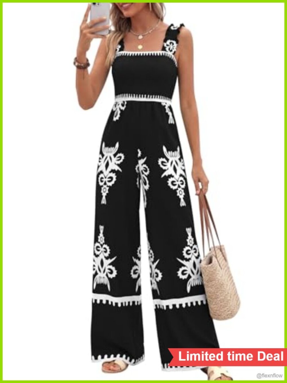 Boho Wide Leg Smocked Jumpsuit Sleeveless Square Neck Pockets
